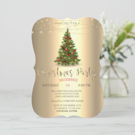 Elegant Pine Tree, String Lights Gold Kerstmis Kaart (Staand voorkant)