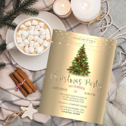 Elegant Pine Tree, String Lights Gold Kerstmis Kaart