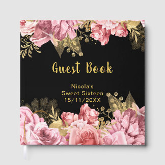 Elegant Pink and Gold Flowers Sweet Sixteen Gastenboek