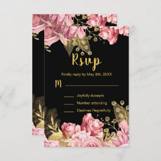 Elegant Pink and Gold Flowers Sweet Sixteen RSVP Kaartje