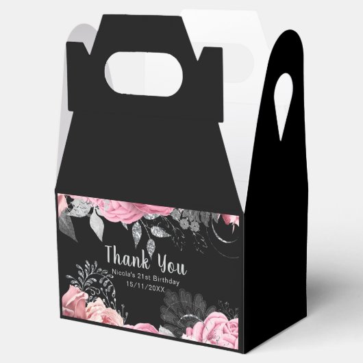 Elegant Pink and Silver Flowers Birthday Bedankdoosjes (Geopend)