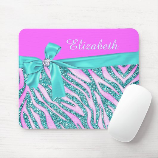 Elegant Pink Aqua Fake Glitter Zebra Bow Monogram Muismat (Met muis)