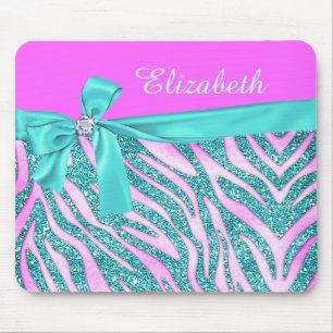 Elegant Pink Aqua Fake Glitter Zebra Bow Monogram Muismat