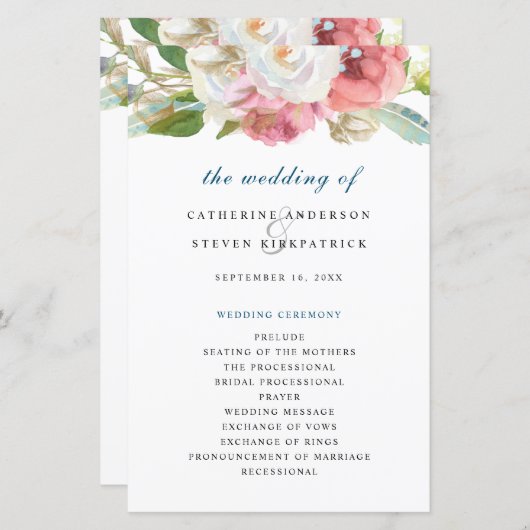 Elégant Pink Aquarelle Floral Wedding Programme (Devant / Derrière)