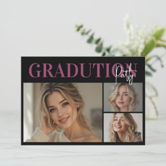 Elegant Pink Black 3Photo Graduation Party  Kaart