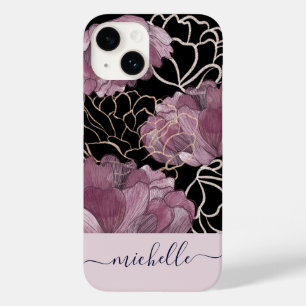 Elegant Pink & Black Floral Monogrammen Case-Mate iPhone 14 Hoesje