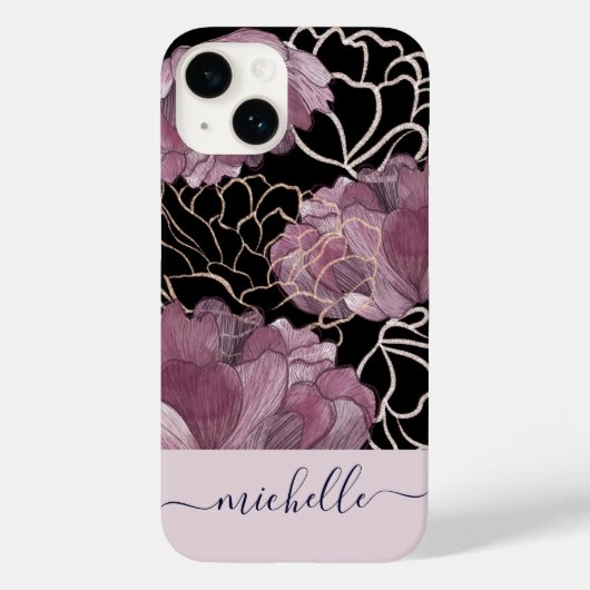 Elegant Pink & Black Floral Monogrammen Case-Mate iPhone Case (Achterkant)
