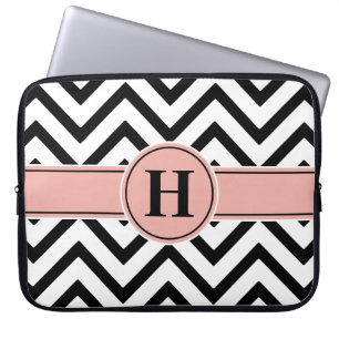 Elegant Pink & Black Monogramed Roos Gold Chevron Laptop Sleeve