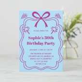 Elegant Pink & Blue Ribbon Frame Birthday Party Kaart (Staand voorkant)