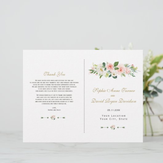 Élégant Pink blush Cream Floral Wedding Programme (Debout devant)