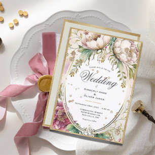 Elegant Pink Blush Floral Gold Wedding Uitnodiging