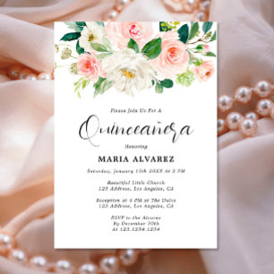 Elegant Pink Blush Floral Quinceañera Uitnodiging