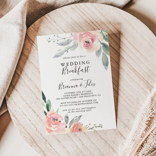 Elegant Pink Blush Floral Weddenschap Breakfast Kaart