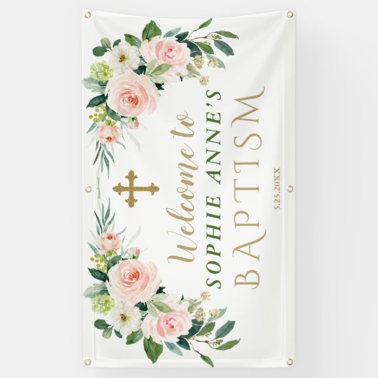 Elegant Pink Blush Flowers Baptism Welkomstteken Spandoek (Verticaal)