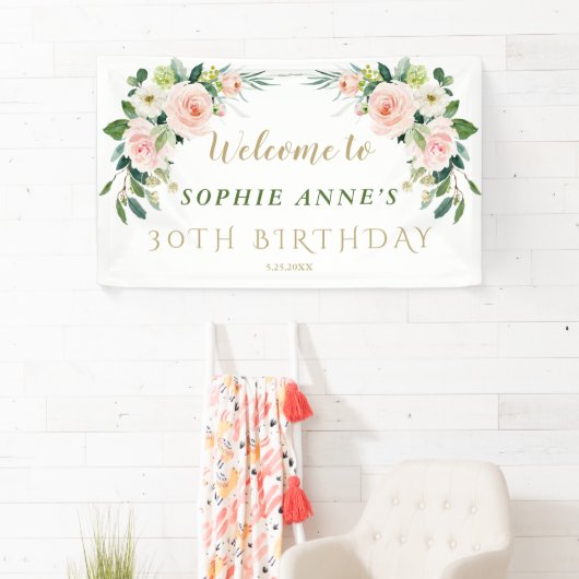Elegant Pink Blush Flowers Birthday Welkomstteken Spandoek (Insitu)