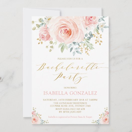 Elegant Pink Blush Gold Floral Bachelorette Party Kaart (Voorkant)