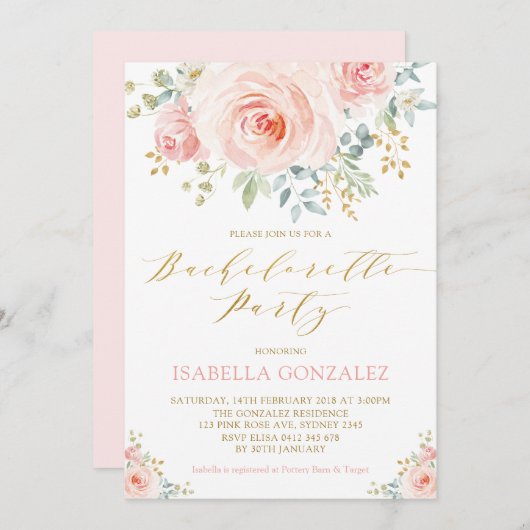 Elegant Pink Blush Gold Floral Bachelorette Party Kaart (Voorkant / Achterkant)