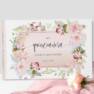Elegant Pink, Blush, Roos Gold Floral Quinceañera Gastenboek