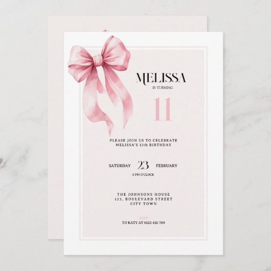 Elegant Pink Bow 11th Birthday Invitation (Devant / Derrière)