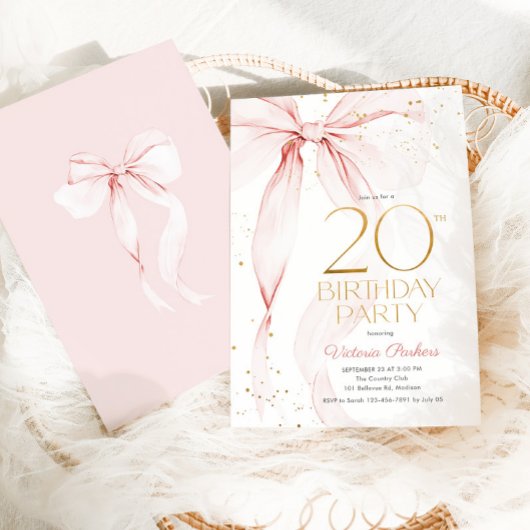 Elegant Pink Bow 20th Birthday Invitation