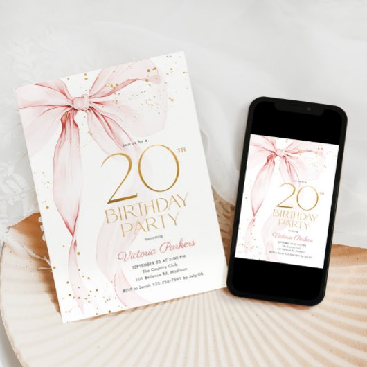 Elegant Pink Bow 20th Birthday Invitation
