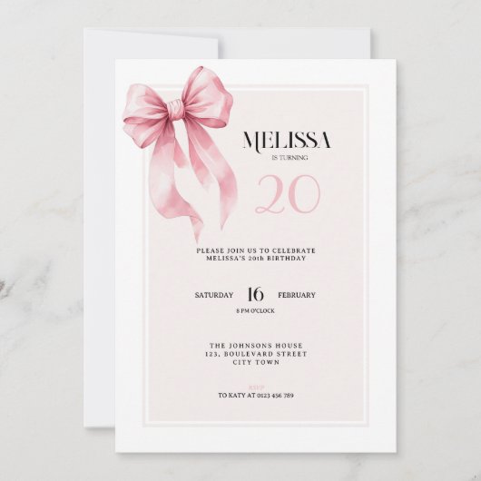 Elegant Pink Bow 20th Birthday Invitation (Devant)