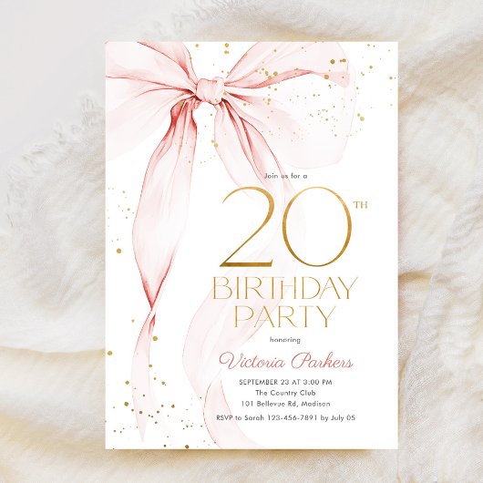 Elegant Pink Bow 20th Birthday Invitation Kaart