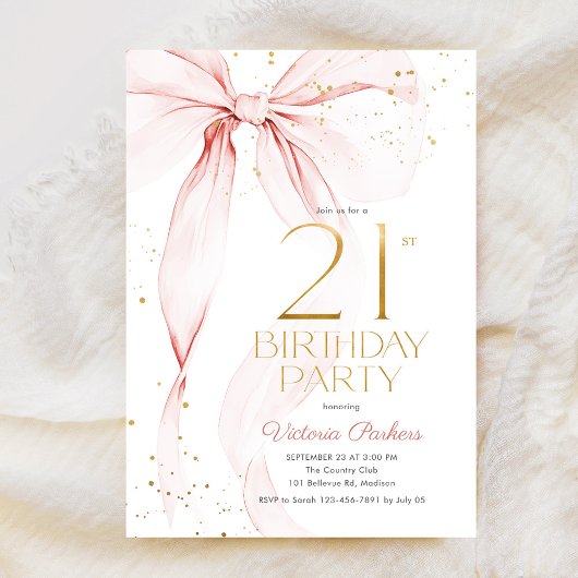 Elegant Pink Bow 21st Birthday Invitation