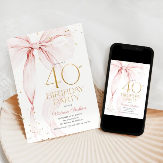 Elegant Pink Bow 40th Birthday Invitation