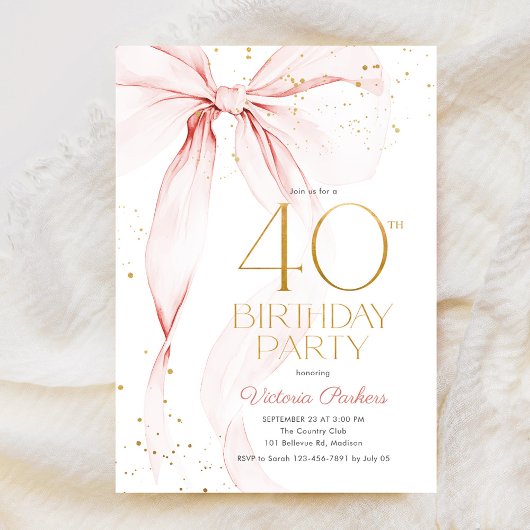 Elegant Pink Bow 40th Birthday Invitation Kaart
