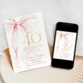 Elegant Pink Bow 40th Birthday Invitation Kaart