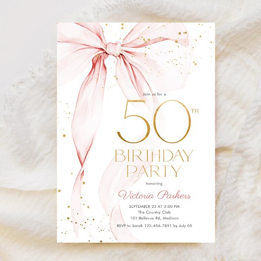 Elegant Pink Bow 50th Birthday Invitation