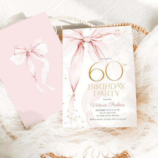 Elegant Pink Bow 60th Birthday Invitation
