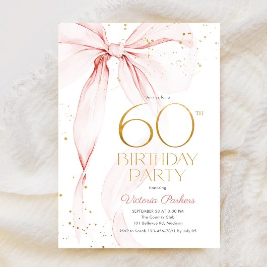 Elegant Pink Bow 60th Birthday Invitation