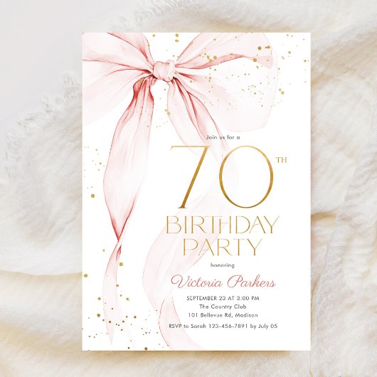 Elegant Pink Bow 70th Birthday Invitation