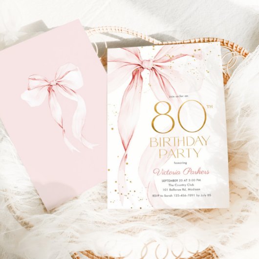 Elegant Pink Bow 80th Birthday Invitation