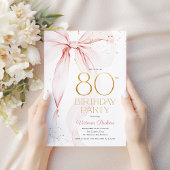 Elegant Pink Bow 80th Birthday Invitation Kaart