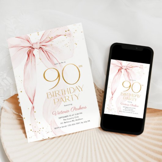 Elegant Pink Bow 90th Birthday Invitation