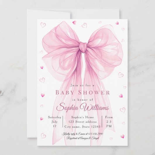 Elegant Pink Bow Baby Shower Invitation Kaart (Voorkant)