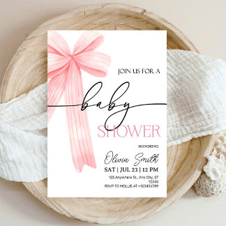 Elegant Pink Bow Baby Shower Invitation Kaart