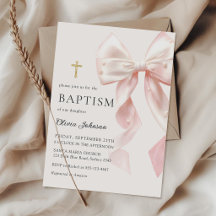 Elegant Pink Bow Baptism Girl Invitation