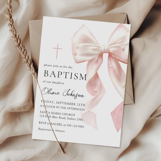 Elegant Pink Bow Baptism Girl Invitation