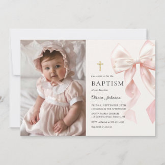 Elegant Pink Bow Baptism Girl Photo Invitation