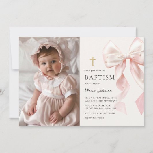 Elegant Pink Bow Baptism Girl Photo Invitation (Devant)
