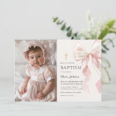 Elegant Pink Bow Baptism Girl Photo Invitation (Debout devant)