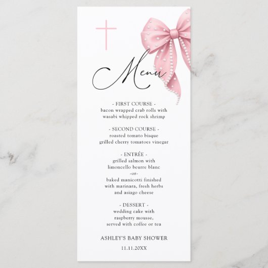 Elegant Pink Bow Baptism Menu (Devant)