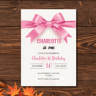 Elegant Pink Bow "Charlotte is One" First Birthday Kaart