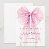 Elegant Pink Bow First Birthday Invitation (Devant / Derrière)