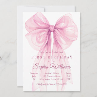 Elegant Pink Bow First Birthday Invitation Kaart