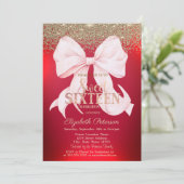 Elegant Pink Bow Gold Diamond Red Sweet 16 Kaart (Staand voorkant)